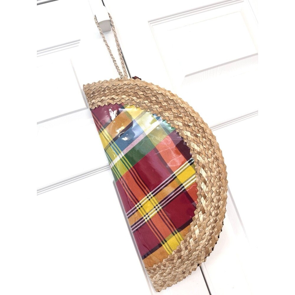 Vintage St. Lucian Madras Straw Clutch Wristlet, Statement Purse, Vacation bag - Picture 2 of 6